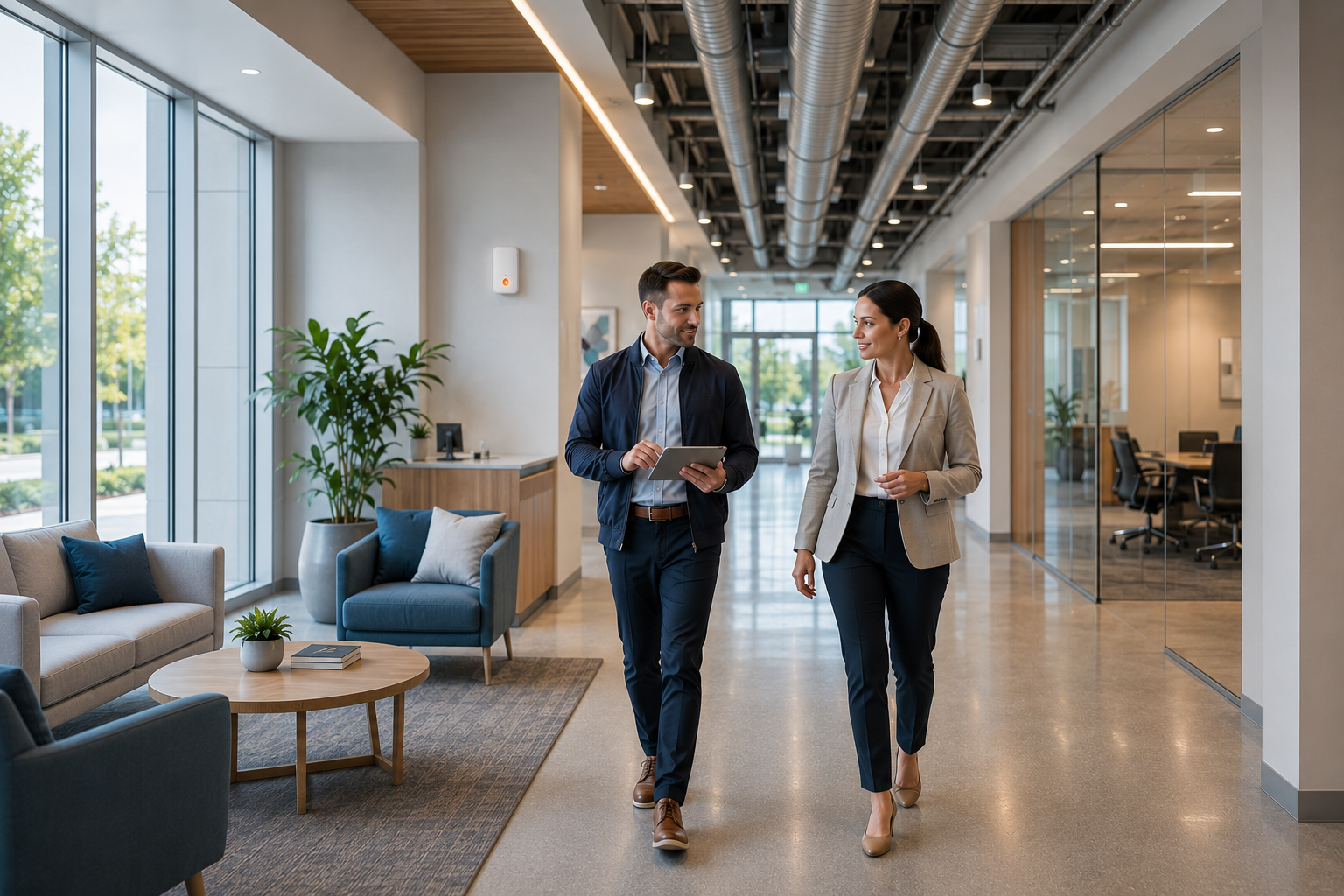 Facility professionals walking through a modern office corridor with visible infrastructure and sensor hardware.